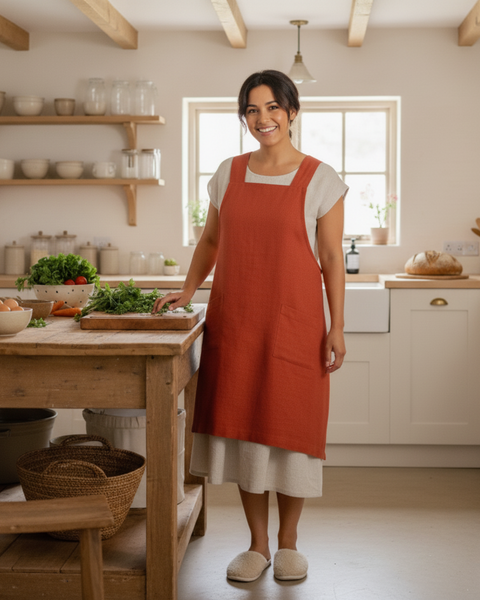 A woman standing and smiling in a warm, rustic kitchen while wearing a red Japanese-style apron. A wooden island with chopped greens and vegetables sits in front of her.