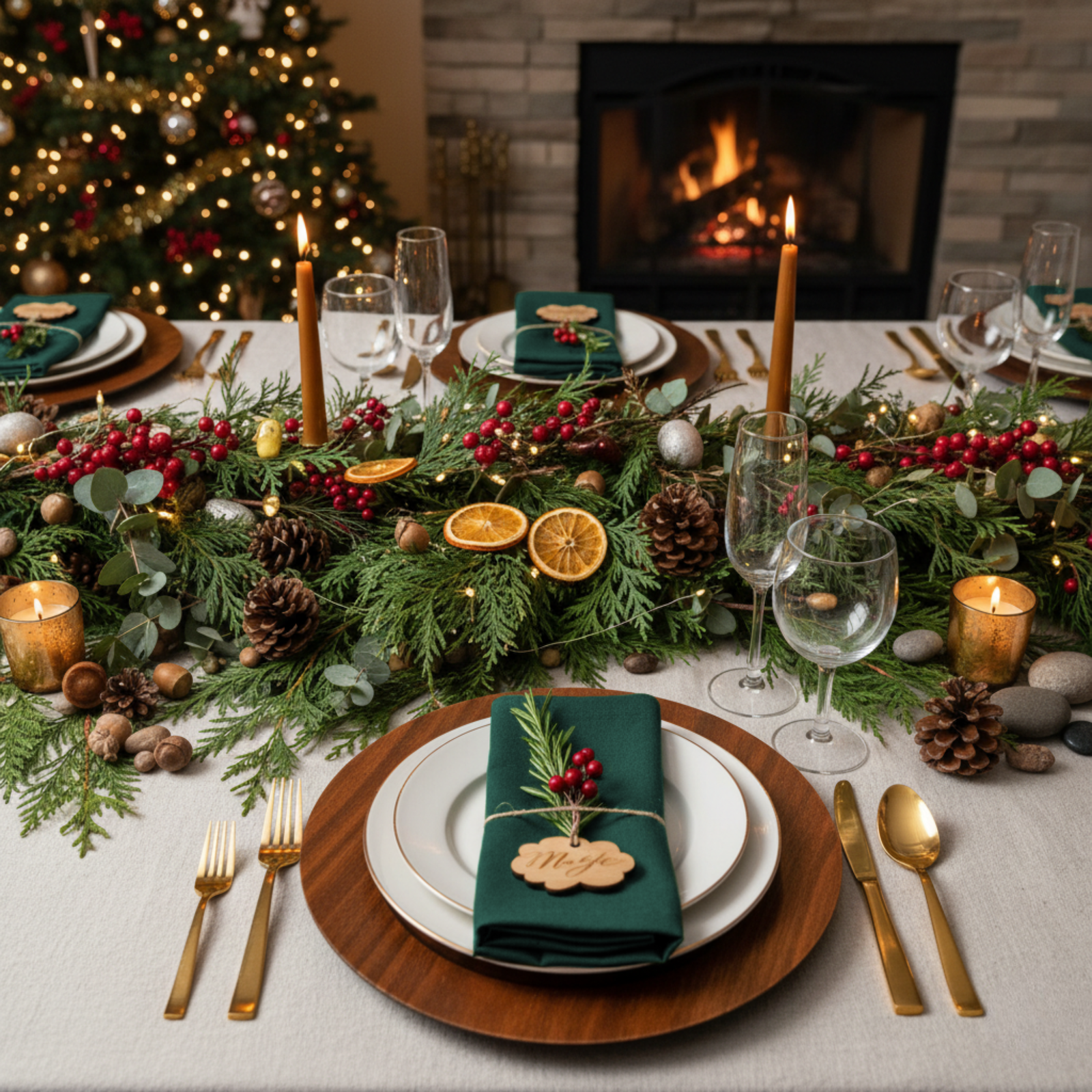 Elegant table with natural linen tablecloth and linen napkin, cobal blue table runner.