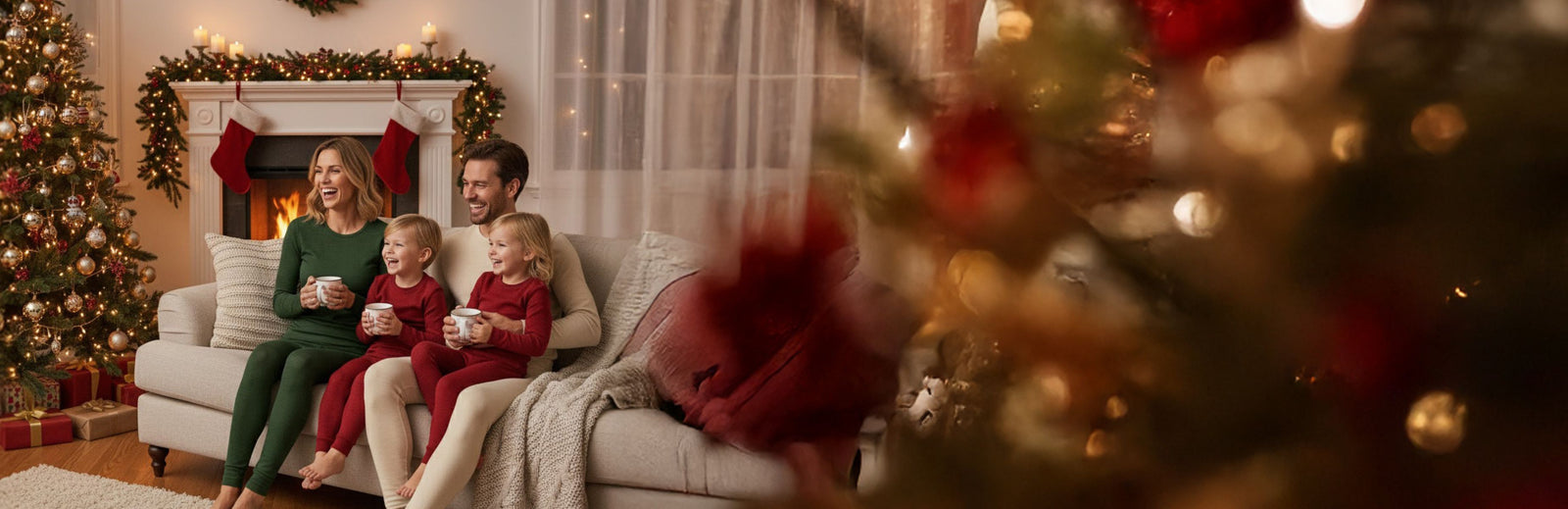 Family sitting on a couch in a decorated living room with Christmas trees.