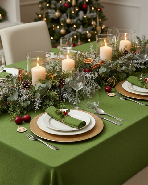 An elegant holiday table setting featuring a forest green tablecloth, white dinnerware, and candles surrounded by frosted greenery, pinecones, and festive decorations, with a Christmas tree in the background.