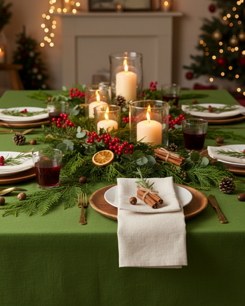 A festive dining table decorated with a green tablecloth, white plates, candles, and natural holiday accents like pine branches, red berries, and dried oranges, creating a warm Christmas atmosphere.