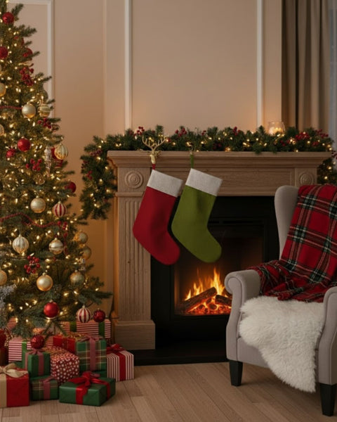 Cozy living room with Christmas tree, stockings, and fireplace.