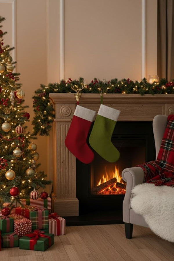 Cozy living room with Christmas tree, stockings, and fireplace.