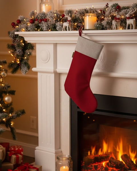 Red Christmas stocking hanging on a fireplace with a decorated tree and mantel in the background.
