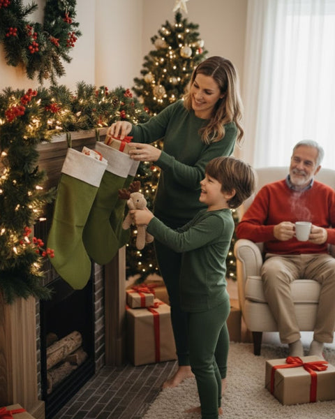 Family gathered around a Christmas tree with stockings and presents.