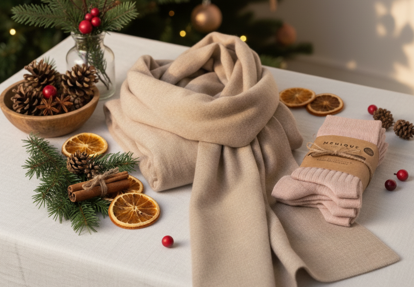 Beige scarf and socks on a table with Christmas decorations