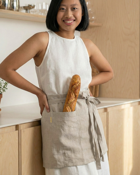 Woman wearing a natural linen half apron with front pocket, holding a baguette in a bright minimalist kitchen.