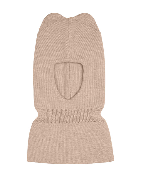 The menique kids&#39; knit merino balaclava with ears in beige color, in a white background.