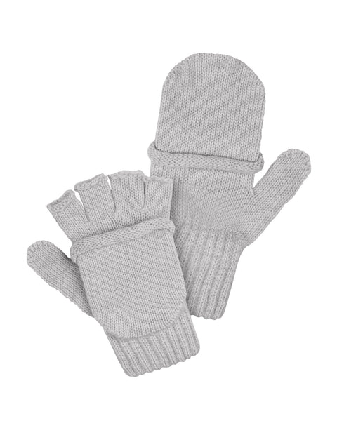The menique kids&#39; convertible merino gloves in light gray color. They are in a white background. One side has a convertible flap, and the other shows the hollow fingertips.