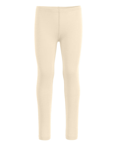 the menique 160gsm kids&#39; merino pants in natural color, front view.