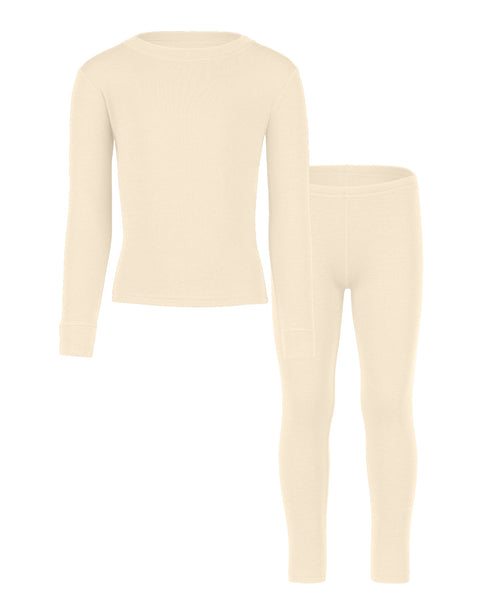 Front view of the kids&#39; menique merino 250gsm two piece set of long sleeve top and pants, in natural color, white background.