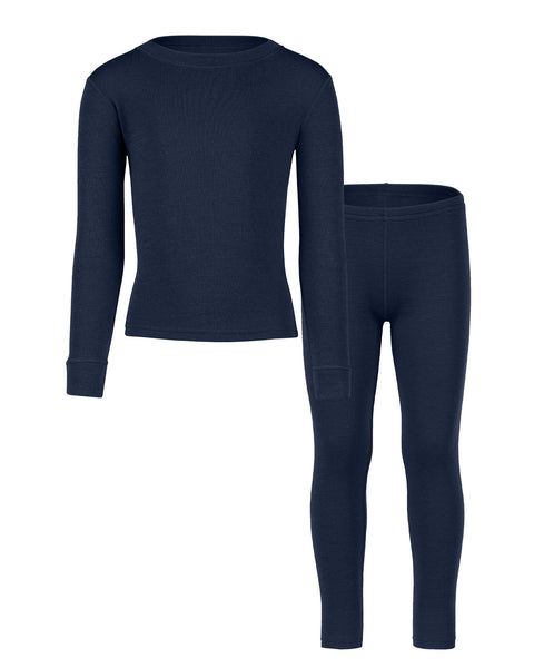 A product shot displaying a kids' thermal set with a long-sleeved navy blue top and matching leggings.