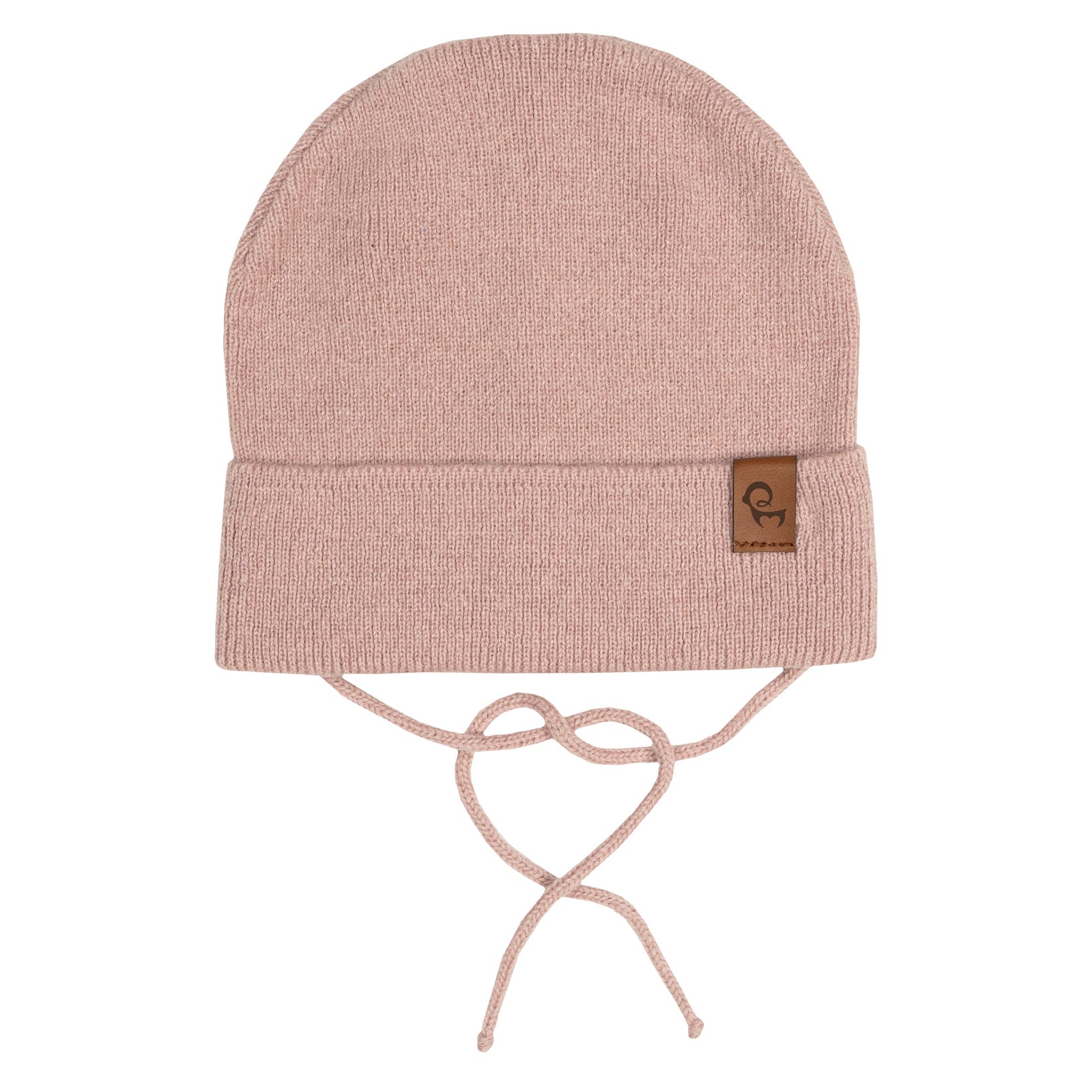 Beige baby knit beanie with strings, cashmere blend, featuring tie straps and leather brand patch, by menique