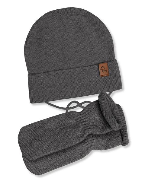 Baby Knit Beanie with Strings &amp; Mittens 2-Piece Set Dark Gray