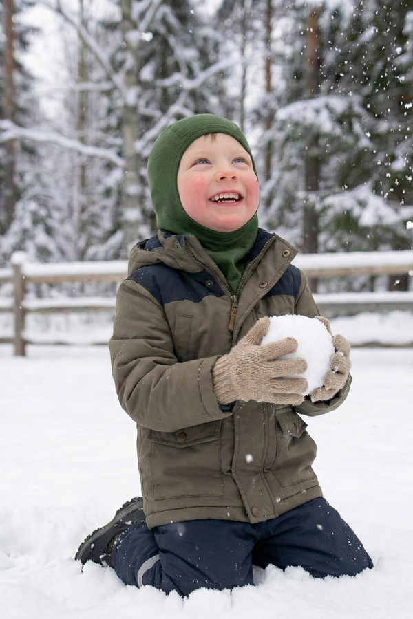 Smiling child dressed in winter outerwear and a green merino wool balaclava, playing with a snowball in a snowy forest setting with falling snowflakes.