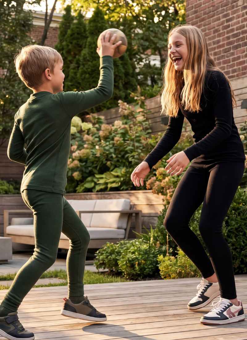 A boy and an older girl happily playing catch with a ball on an outdoor wooden deck. The boy is wearing a dark green long-sleeve top with matching green pants, and the girl is wearing a black long-sleeve top with black leggings.