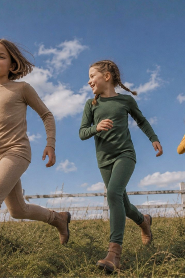Three children running cheerfully through a grassy field under a blue sky with white clouds, wearing matching two-piece, long-sleeved thermal sets in beige, dark green, and mustard yellow.