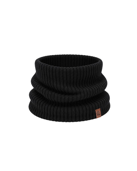 A black ribbed knit neck gaiter shown slightly scrunched, featuring a small brown square logo tag near the bottom edge, displayed against a plain white background.