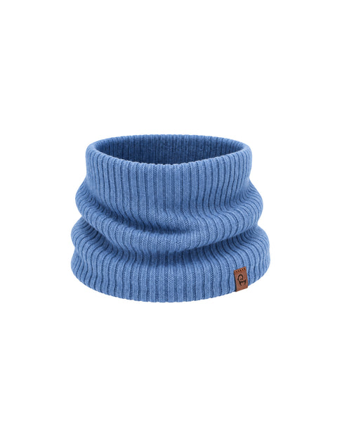 A light blue ribbed knit neck gaiter shown slightly scrunched, featuring a small brown square logo tag near the bottom edge, displayed against a plain white background.