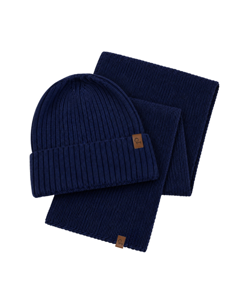 Product set showcasing a dark navy blue knit beanie resting on top of a matching folded navy scarf or neck wrap.