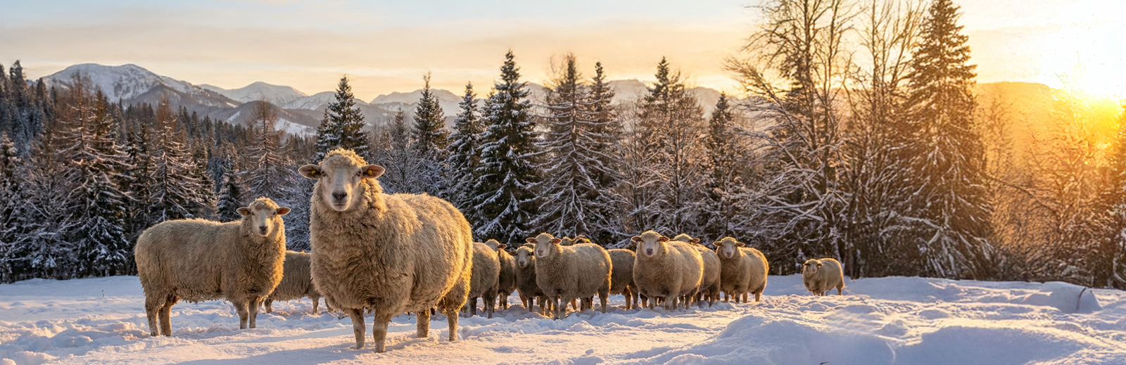 A group of sheep standing in fresh snow at sunset, surrounded by snow-dusted pine trees and distant mountains glowing in warm evening light.