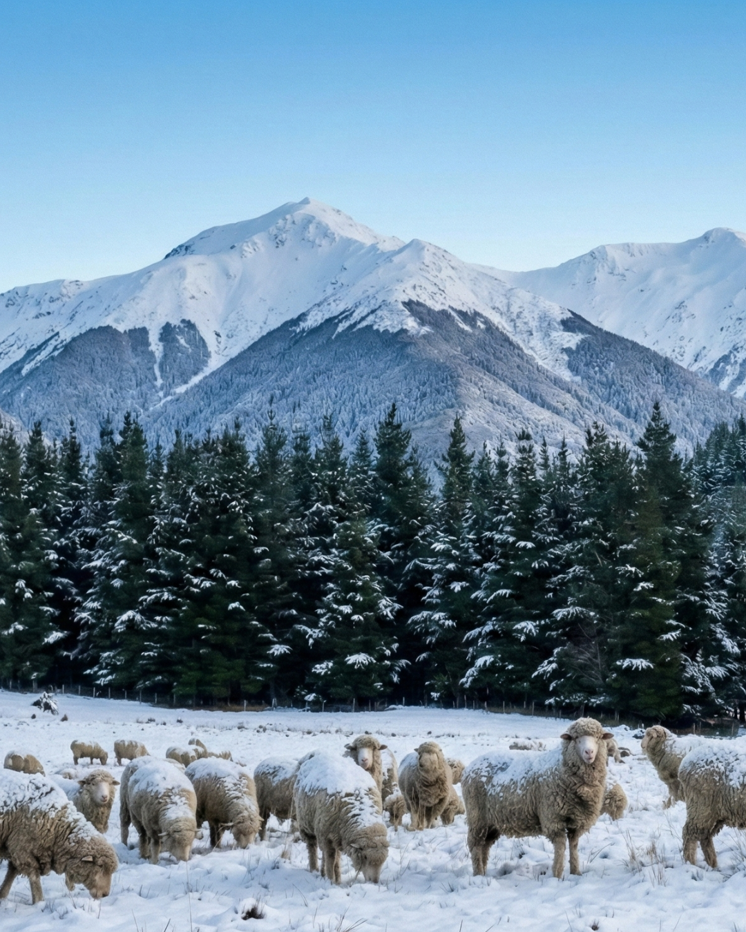 A flock of sheep standing on a snow-covered field with evergreen trees and snowcapped mountains in the background under a clear blue sky.