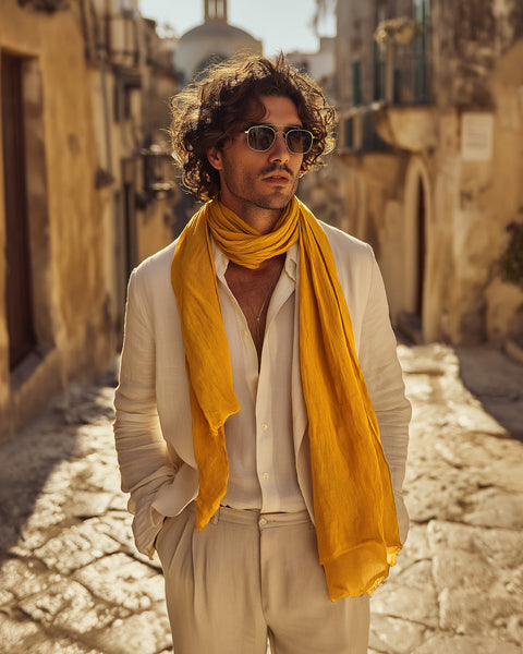 A man with dark, curly hair and sunglasses stands on a cobblestone street, looking to his right. He wears a light-colored, long-sleeved shirt unbuttoned at the top, and light-colored trousers. A menique linen spicy yellow scarf is draped around his neck. The street is narrow and appears to be in an old European town, with stone buildings on either side. The sunlight casts strong shadows, suggesting a bright day.