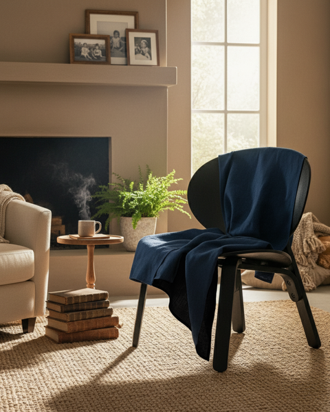 A modern living space featuring a dark chair draped with a deep blue linen blanket, placed near a sunlit window with a steaming mug on a small round table and greenery in the background.