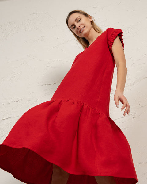 Linen dress Victoria with ruffle sleeves and bottom in Pure Red color