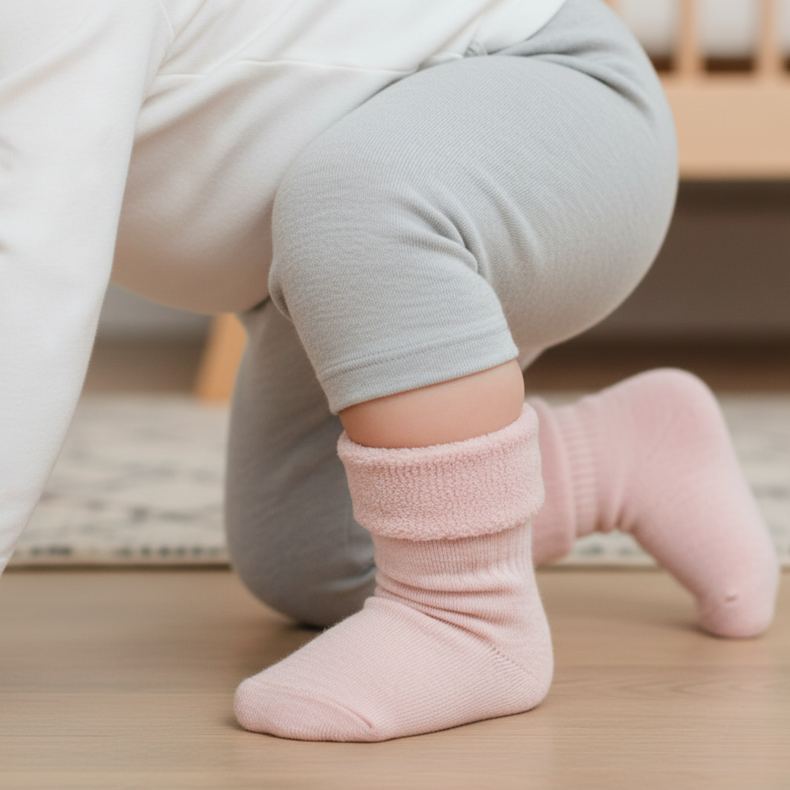 Baby wearing warm grey Merino sherpa socks and a white outfit.