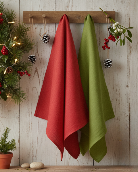 Red and green linen kitchen towels hanging on a wooden rack, decorated with Christmas garland, pinecones, and ornaments against a rustic white wall.