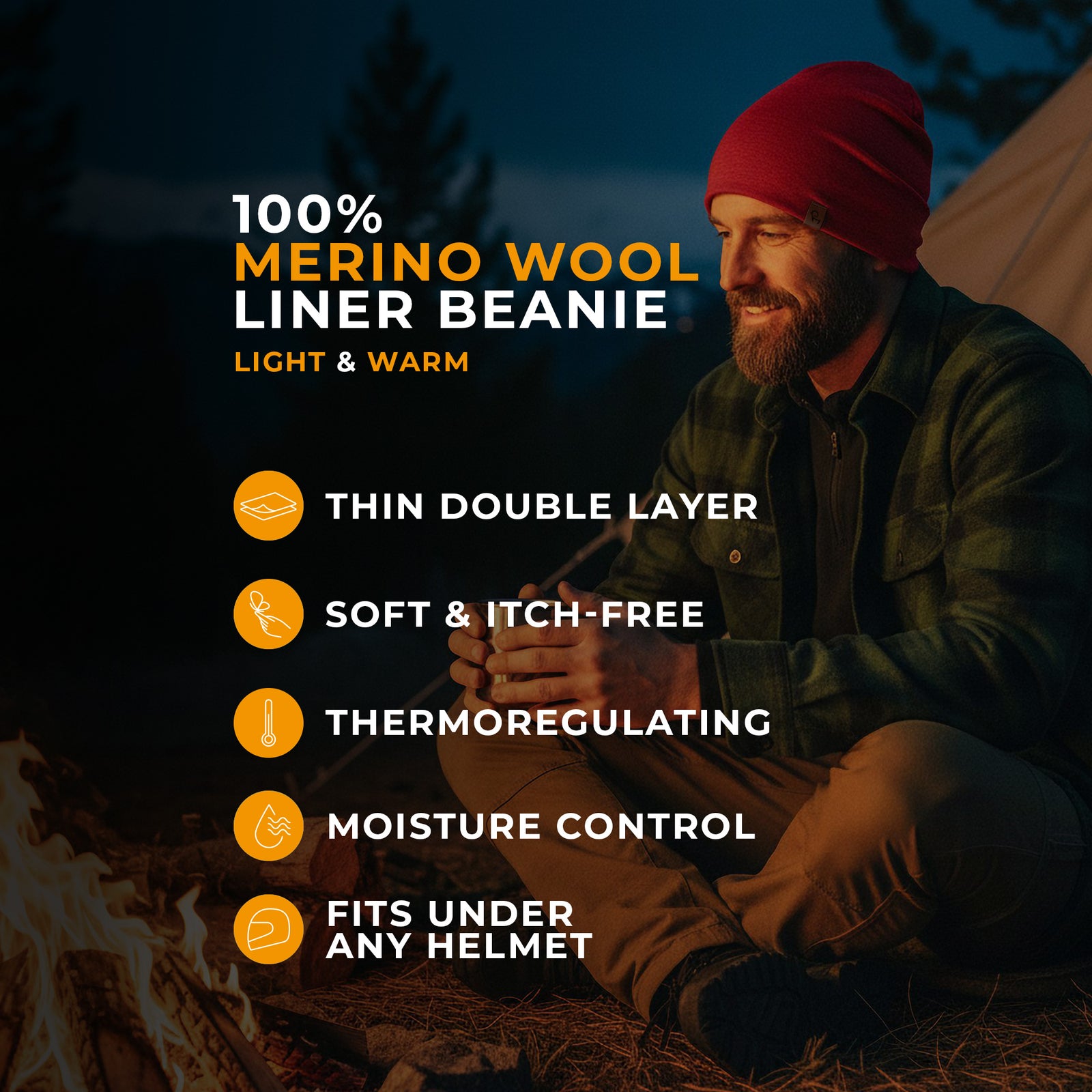 A man standing outside during fall season, in a forest, wearing the menique Men's Merino Beanie Hat in Denim Color.