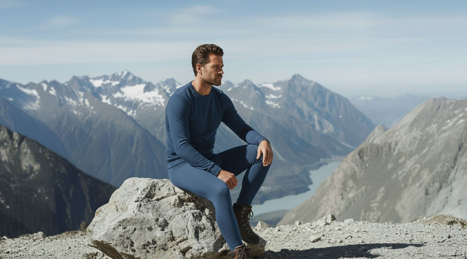 Man wearing a blue merino wool base layer sitting on a rock in the mountains, overlooking a scenic alpine landscape on a clear day.