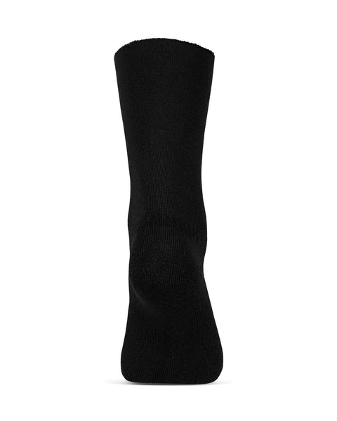 The menique men&#39;s merino lined sherpa socks in color black, in a white background, heel  view.