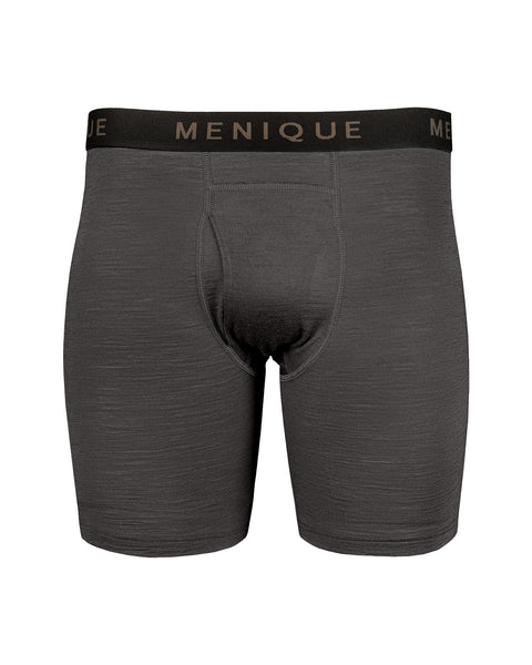A flat lay product shot of charcoal grey men's long boxer briefs featuring a black elastic waistband with the word "MENIQUE" repeated in brown lettering, against a white background.