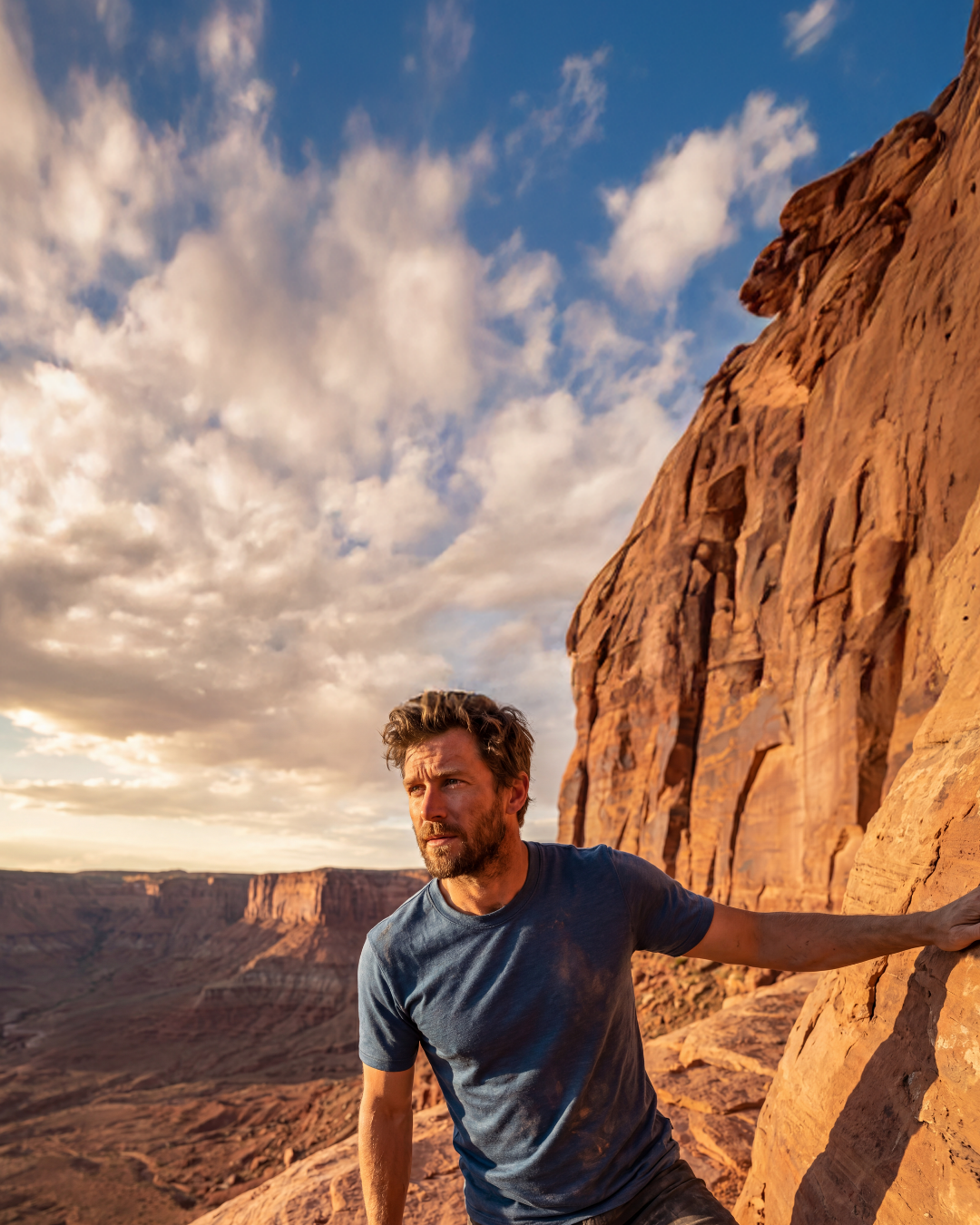 A man wearing a blue t-shirt leaning against a red rock formation at golden hour, with a vast desert canyon and cloudy sky in the background.