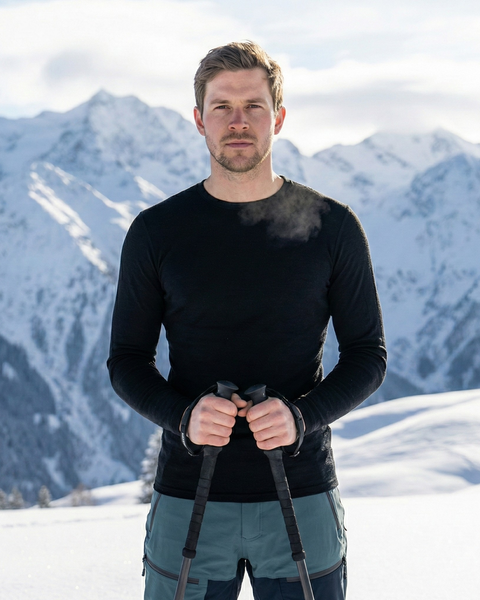 Close-up portrait of a man dressed in a black long-sleeve merino wool thermal top, holding ski poles while standing on a snowy mountain slope with dramatic alpine peaks in the background.