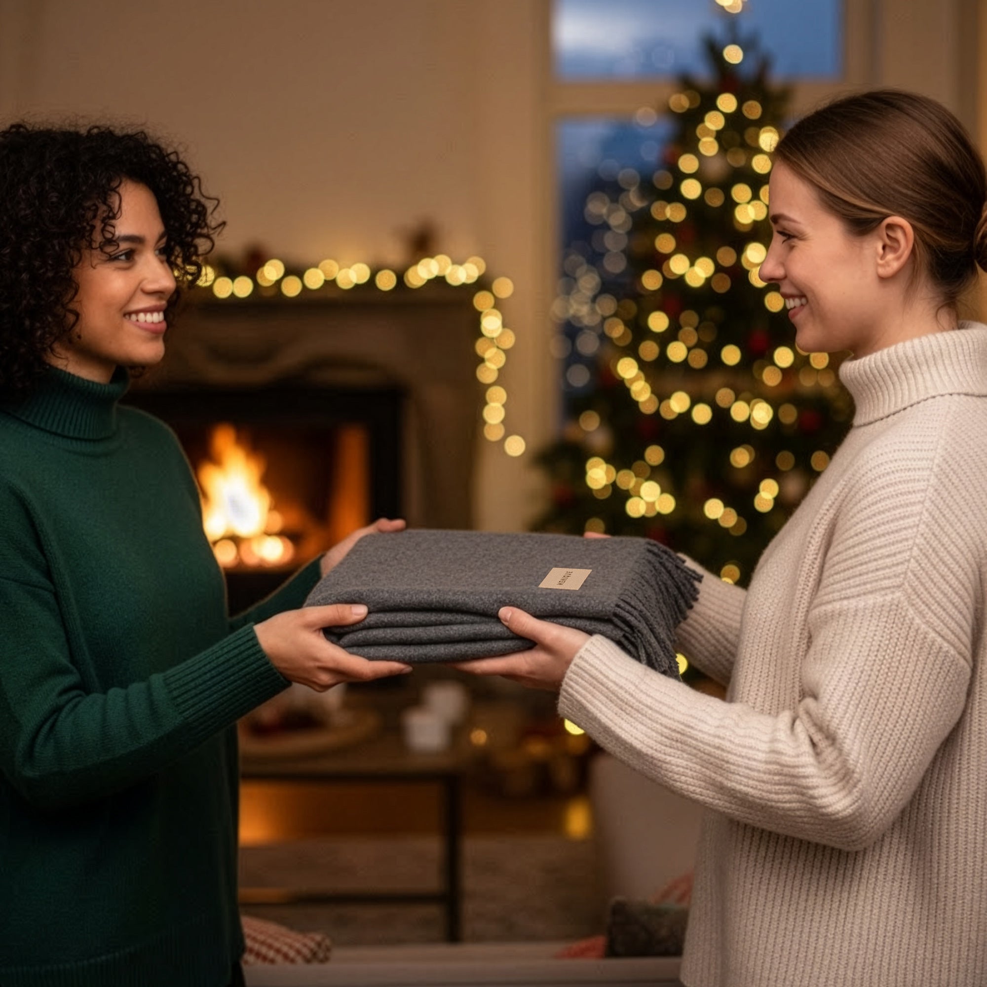 Two women exchanging a folded blanket in a cozy living room with a Christmas tree and fireplace.