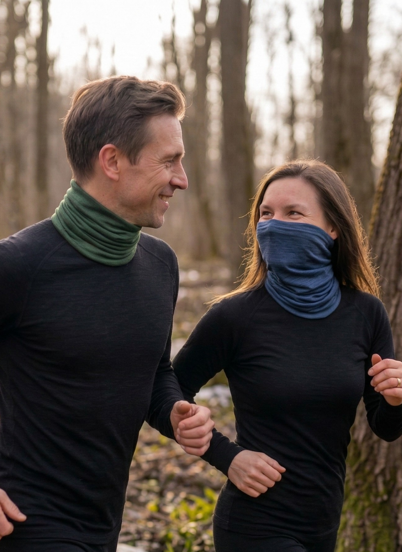 Man and woman running outdoors wearing merino wool base layers and neck gaiters in cool weather.