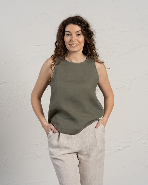 Linen Hig Neck Top Stone Green