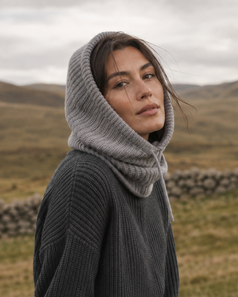 A close-up portrait of a woman outdoors in a rural landscape, wearing a light grey ribbed knit balaclava that frames her face and covers her neck, paired with a dark grey ribbed sweater. She is looking calmly toward the camera against a background of rolling grassy hills, a low stone wall, and an overcast sky.