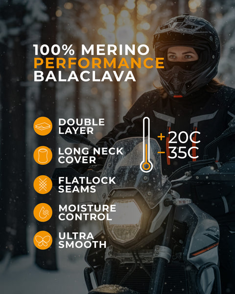 Person wearing a merino performance balaclava on a snowy motorcycle ride with product features displayed.