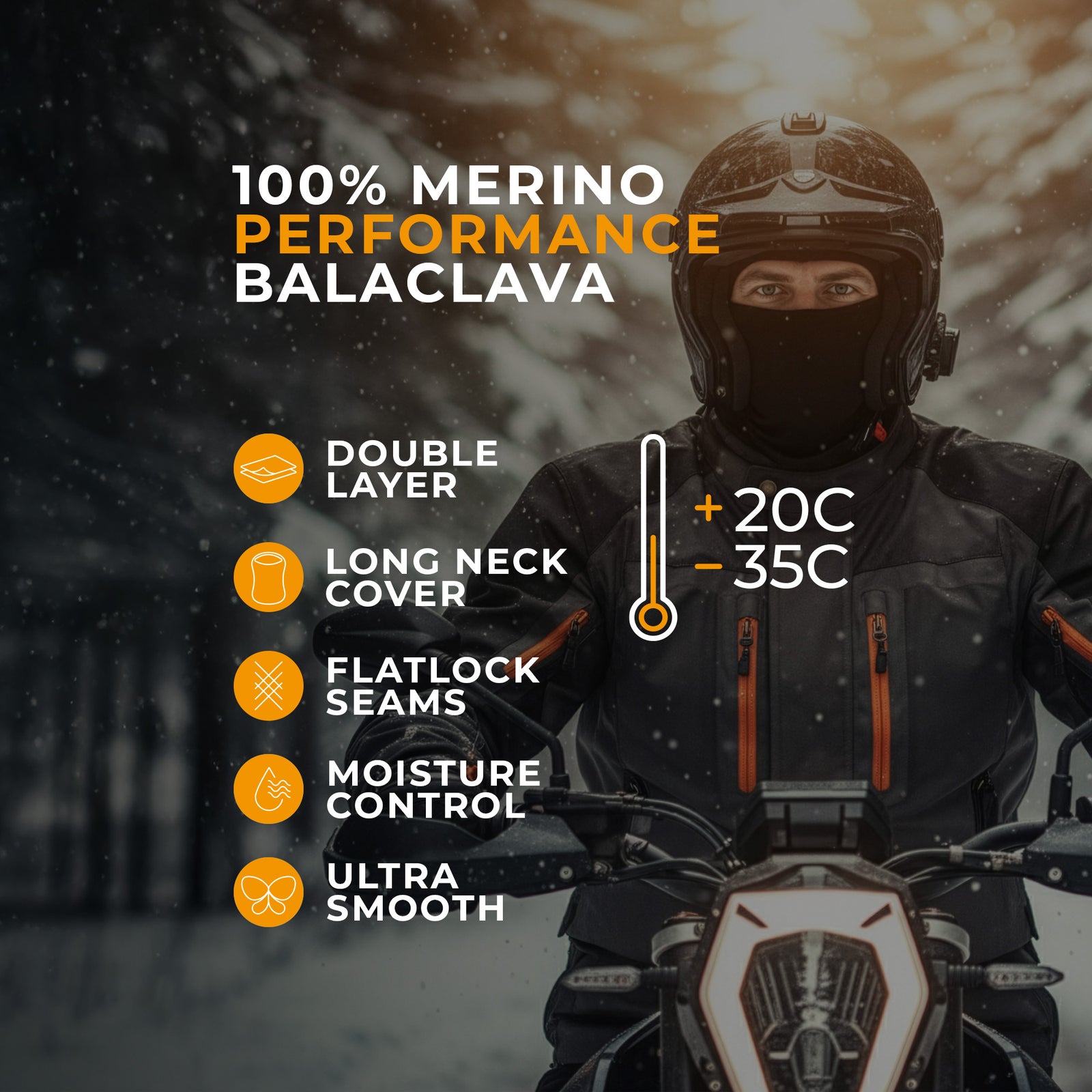 Man in green Merino wool base layer wearing a black balaclava, standing in a sunlit forest.