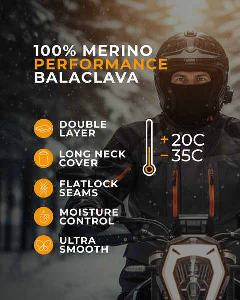 Person wearing a black Merino wool balaclava face mask with text highlighting features on a snowy background