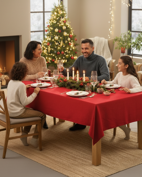 Family enjoying Christmas dinner around a table covered with a red linen tablecloth, with a fireplace and Christmas tree glowing in the background.