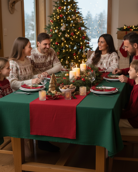 Family gathered around a Christmas table with a green tablecloth and red linen runner, enjoying dinner near a Christmas tree and glowing candles.