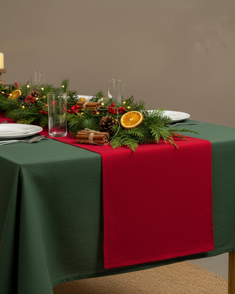 Christmas table decorated with a green tablecloth and red linen table runner, adorned with pine branches, orange slices, cinnamon, and candles.