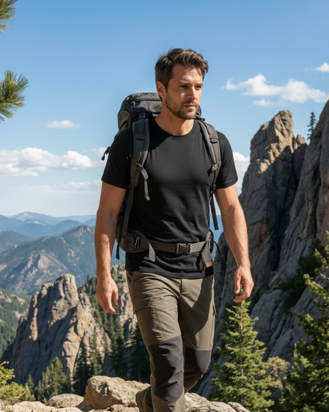 Man hiking in the mountains wearing black merino t-shirt and backpack