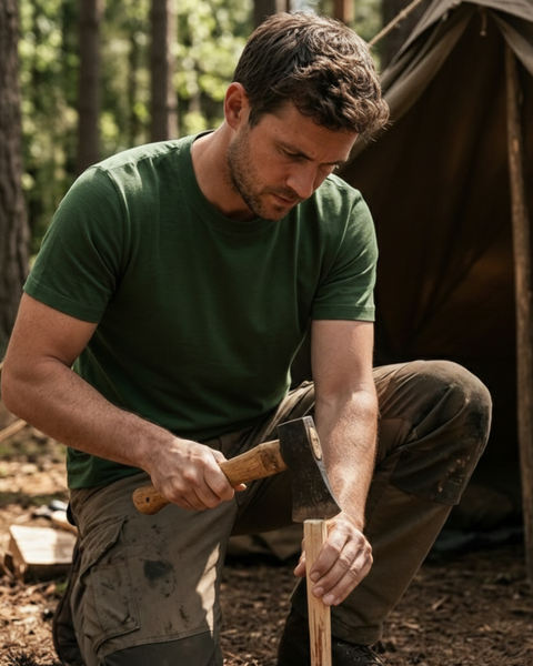 Man camping in the forest wearing green merino t-shirt while chopping wood