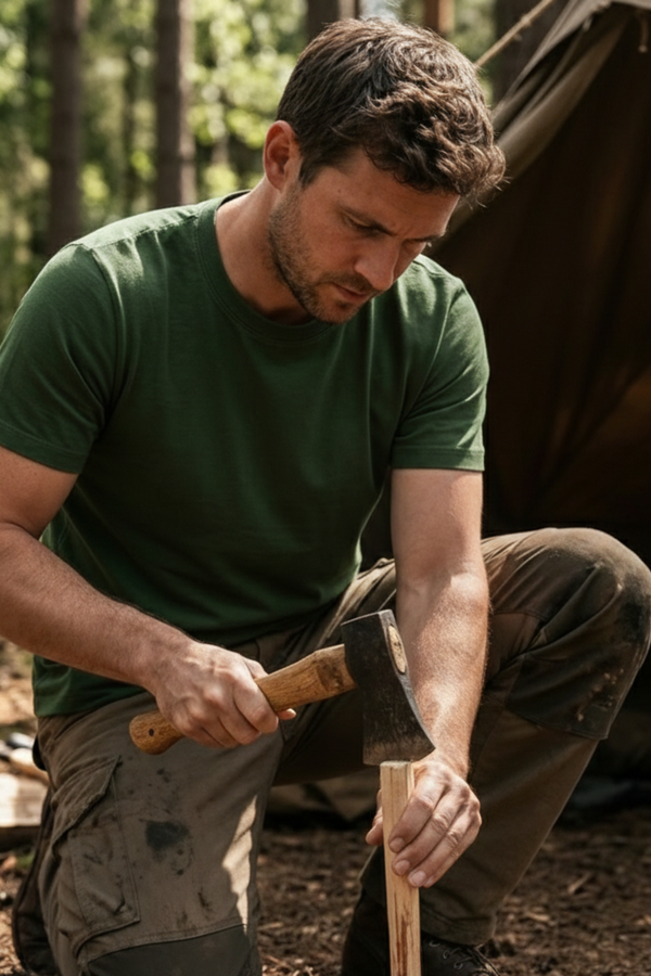 Man camping in the forest wearing green merino t-shirt while chopping wood